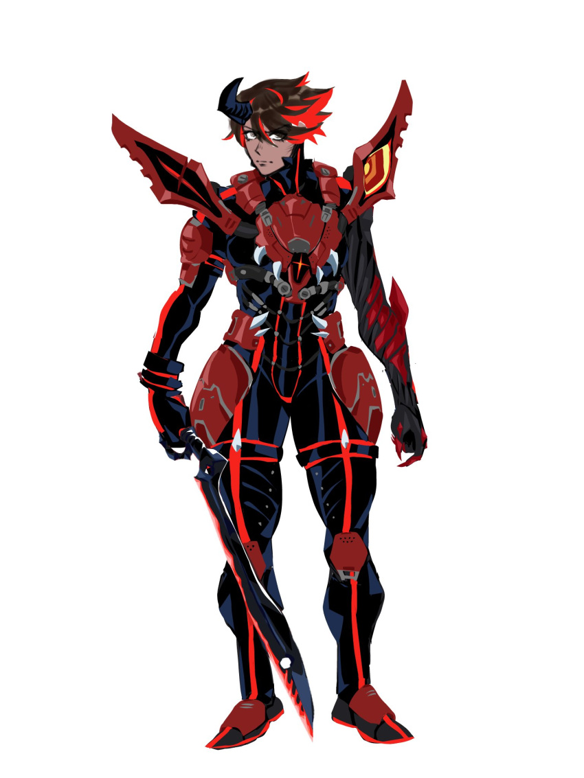 1girl armor biomechanical black_armor black_horns bodysuit brown_hair claw_pose claws corruption crossover dark-skinned_female dark_skin day_of_wrath_(infinitypilot) demon demon_girl demon_horns doom_(2016) doom_(series) doom_eternal elite_guard_(doom) fanfic fantasy full_armor glowing glowing_eye glowing_eyes highres holding holding_sword holding_weapon horns kill_la_kill life_fiber living_armor living_clothes matoi_ryuuko monster_girl mutant mutation occult original red_armor red_eyes redhead ruby_taylor_(day_of_wrath) sbigbro science_fiction scissor_blade senketsu short_hair sigil soldier solo sword teeth vorpal_sword_(day_of_wrath) warrior weapon