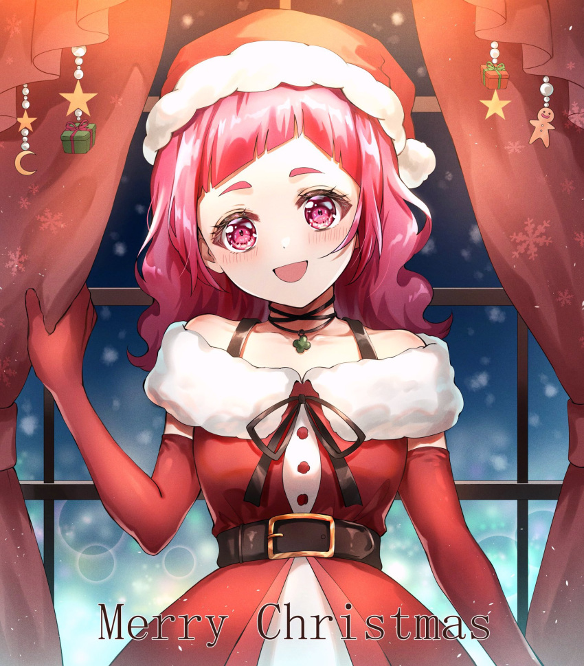 1girl curtains dress elbow_gloves gloves hat highres hugtto!_precure jewelry long_hair merry_christmas muginome_(bakuga_chan2) necklace nono_hana open_mouth pink_eyes pink_hair precure red_dress red_gloves santa_hat short_bangs smile snowing solo thick_eyebrows