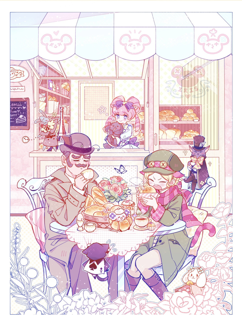 1boy 2girls absurdres ace_attorney animal baguette blonde_hair blue_eyes boots bouquet bread brown_hair cat chair closed_eyes closed_mouth coat cup dog drill_hair dzmameko eating facial_hair flower food gina_lestrade green_headwear hair_rings hat highres holding holding_animal holding_cup iris_wilson jacket long_hair long_sleeves mouse multiple_girls mustache open_clothes open_coat open_mouth outdoors pants pink_hair scarf shirt short_hair sitting smile standing table the_great_ace_attorney tobias_gregson toby_(ace_attorney) twintails white_shirt