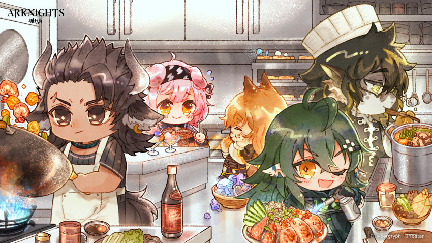 2boys 3girls absurdres animal_ears arknights cat_ears cat_girl ceobe_(arknights) chef_hat chibi closed_eyes cooking cow_boy cow_horns dog_ears dog_girl earrings flipping_food food furry furry_male gavial_(arknights) goldenglow_(arknights) hat highres horns ice_cream jewelry kitchen lee_(arknights) matterhorn_(arknights) multiple_boys multiple_girls mushroom official_art one_eye_closed pointy_ears scottish_fold shrimp single_earring stove wok