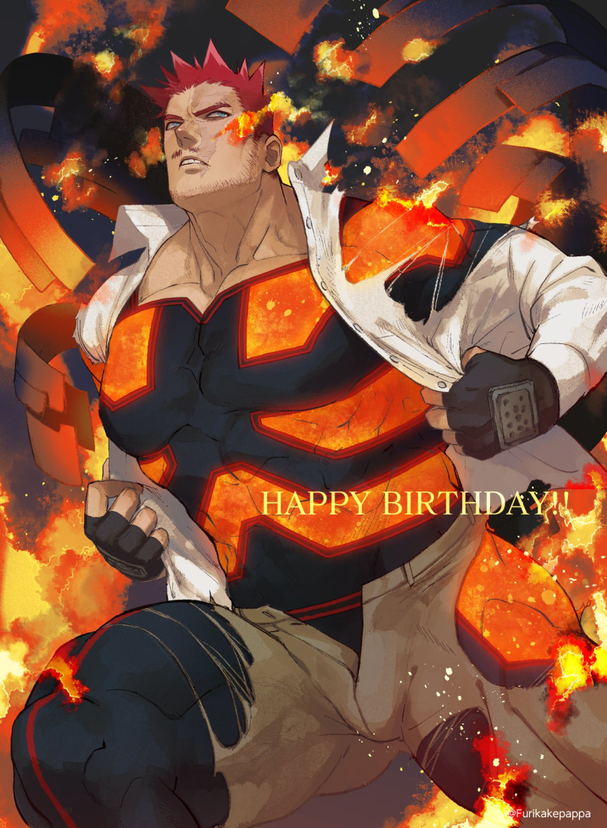 1boy black_gloves boku_no_hero_academia brown_pants endeavor_(boku_no_hero_academia) english_commentary fingerless_gloves fire furikakepappa gloves highres long_sleeves male_focus muscular muscular_male open_clothes open_shirt pants parted_lips redhead scar shirt shite_shirt short_hair solo spiky_hair superhero thighs torn_clothes torn_pants
