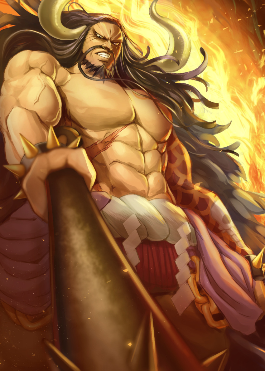 1boy abs arm_tattoo bare_shoulders beard biceps black_eyes black_hair bracelet cape chain clenched_teeth club_(weapon) commentary_request facial_hair fire floating_hair from_below fur_cape grey_pants highres holding holding_weapon horns jewelry kaidou_(one_piece) kanabou light_particles long_hair looking_at_viewer male_focus mustache one_piece pants pectorals rope scar scar_on_stomach shide shimenawa shou_daizu solo spiked_bracelet spiked_club spikes standing tattoo teeth topless topless_male v-shaped_eyes veins weapon