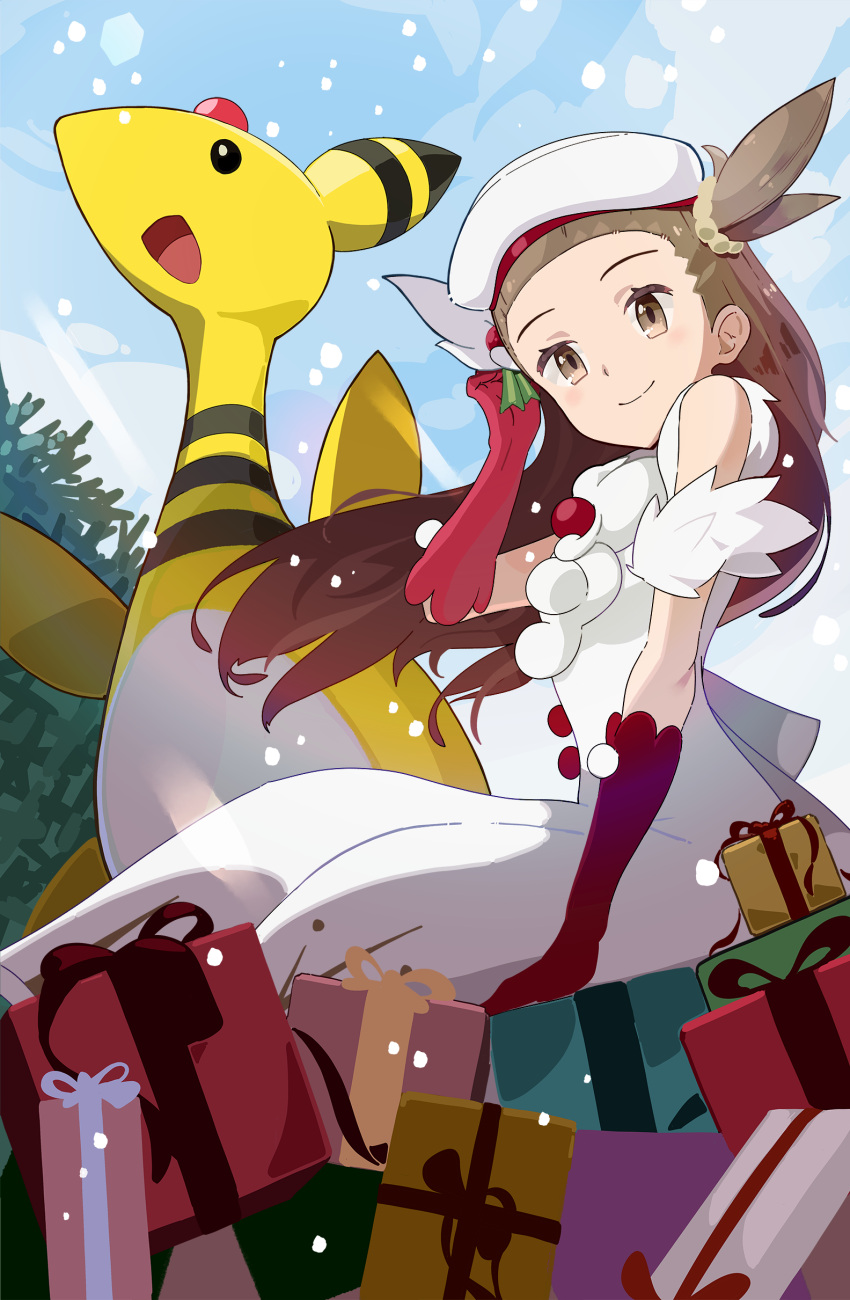 1girl absurdres ampharos arm_support box brown_eyes brown_hair christmas closed_mouth commentary_request day dress fujiwara_echi gift gift_box gloves hand_up hat highres jasmine_(holiday_2022)_(pokemon) jasmine_(pokemon) long_hair official_alternate_costume one_side_up outdoors pokemon pokemon_(creature) pokemon_(game) pokemon_masters_ex red_gloves sitting sleeveless sleeveless_dress smile snowing white_dress white_headwear