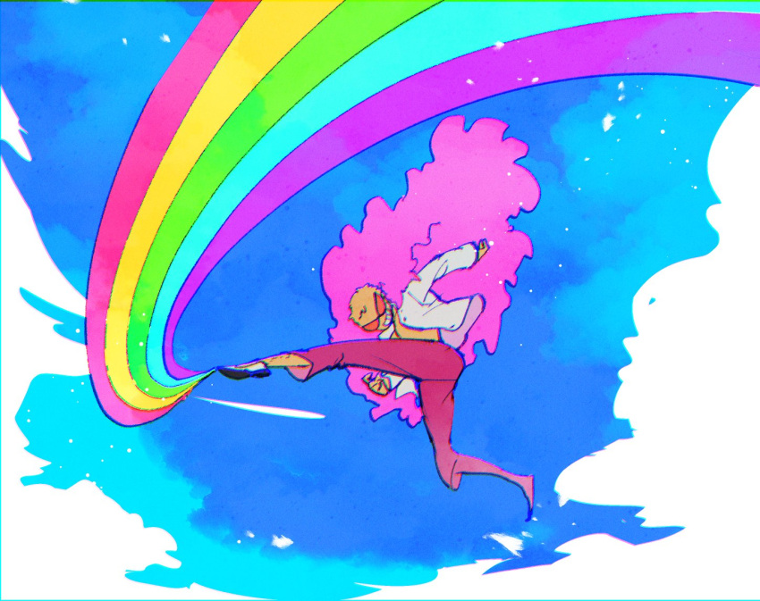 ahi_tb blonde_hair blue_sky clouds coat donquixote_doflamingo flying from_below grin kicking leg_hair looking_at_viewer one_piece open_clothes open_shirt pants pink_coat rainbow red_pants shirt short_hair sky smile string sunglasses white_shirt