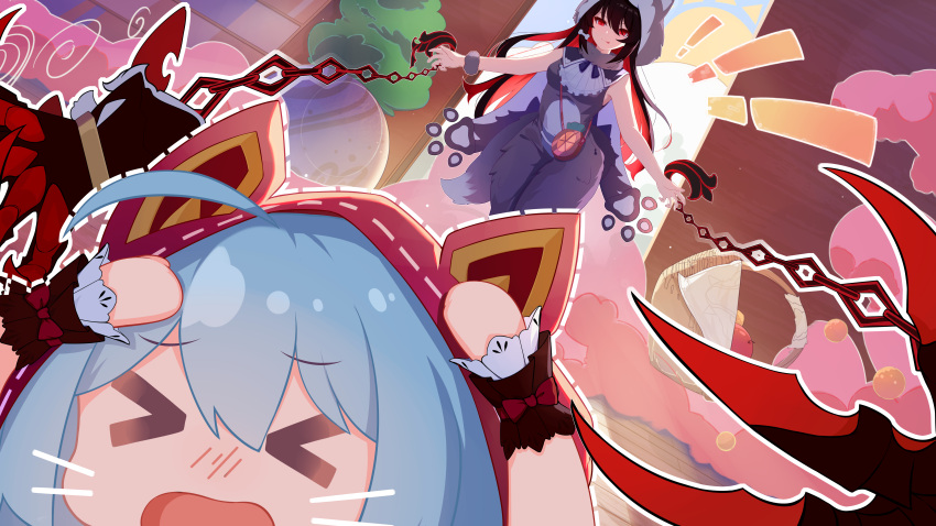 &gt;o&lt; absurdres ahoge animal_costume arms_up bangs basket black_hair blue_hair breasts chain cosplay dress gloves grimm's_fairy_tales griseo hair_ornament highres honkai_(series) honkai_impact_3rd large_breasts little_red_riding_hood_(grimm) little_red_riding_hood_(grimm)_(cosplay) long_hair multicolored_hair open_mouth picnic_basket red_eyes red_gloves redhead seele_(alter_ego) seele_vollerei seele_vollerei_(starchasm_nyx) smile tongling two-tone_hair wolf_costume