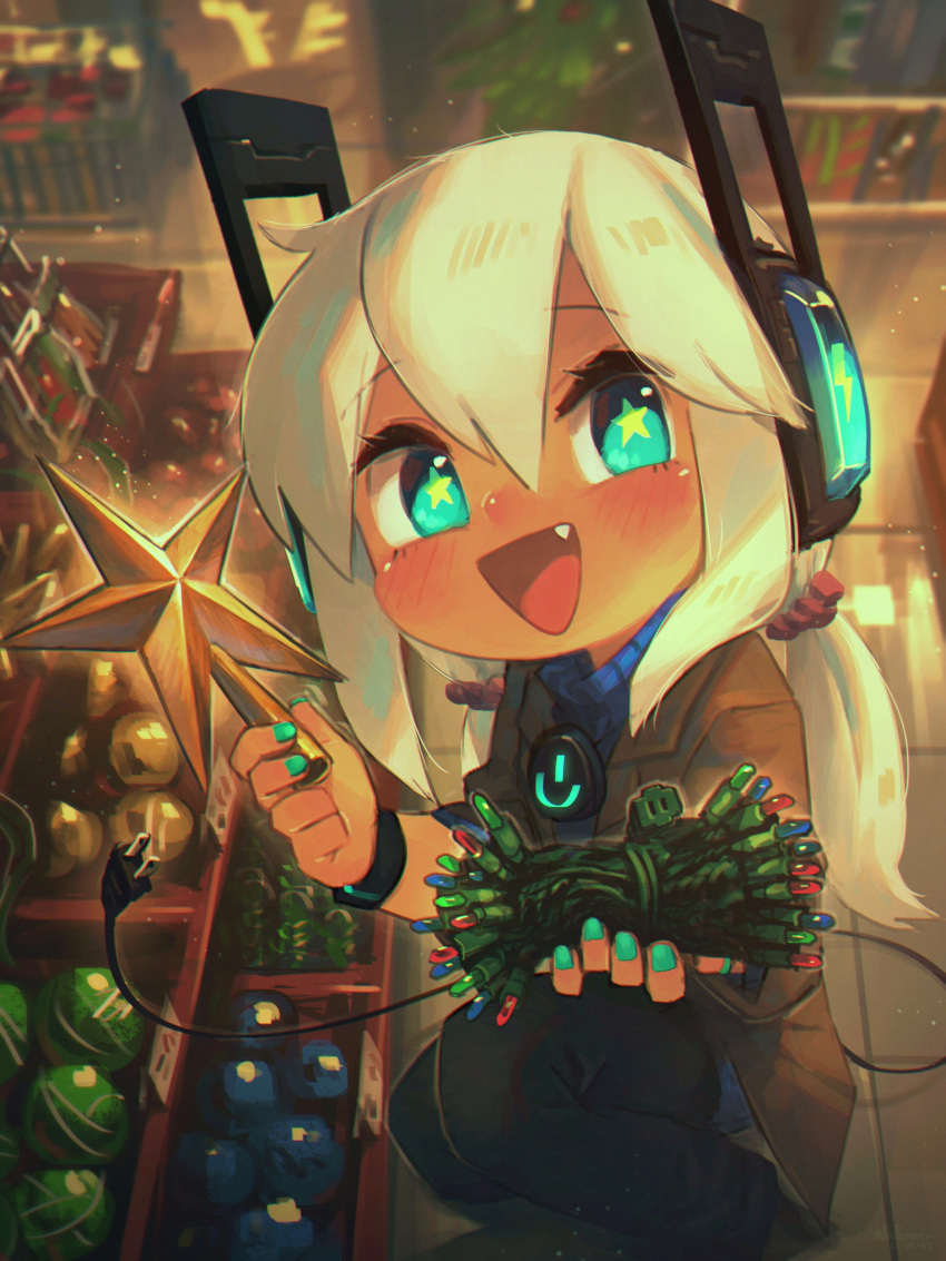 1girl :d absurdres aqua_eyes aqua_nails bangs black_pants blue_sweater blush brown_jacket christmas_ornaments commentary digitan_(porforever) electric_plug english_commentary fang hair_between_eyes hair_ornament hair_scrunchie headphones highres jacket lightning_bolt_symbol long_hair looking_at_viewer low_twintails nail_polish open_mouth original pants porforever power_symbol red_scrunchie scrunchie smile solo squatting star-shaped_pupils star_(symbol) star_ornament sweater symbol-shaped_pupils tail tile_floor tiles turtleneck turtleneck_sweater twintails watch watch white_hair