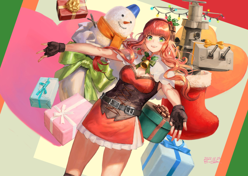 1girl 9-ga bangs bell blunt_bangs box braid breasts christmas christmas_lights christmas_ornaments cowboy_shot curly_hair de_ruyter_(kancolle) fingerless_gloves gift gift_box gloves green_eyes hair_ornament highres kantai_collection long_hair machinery medium_breasts outstretched_arms redhead side_braid smile snowman turret