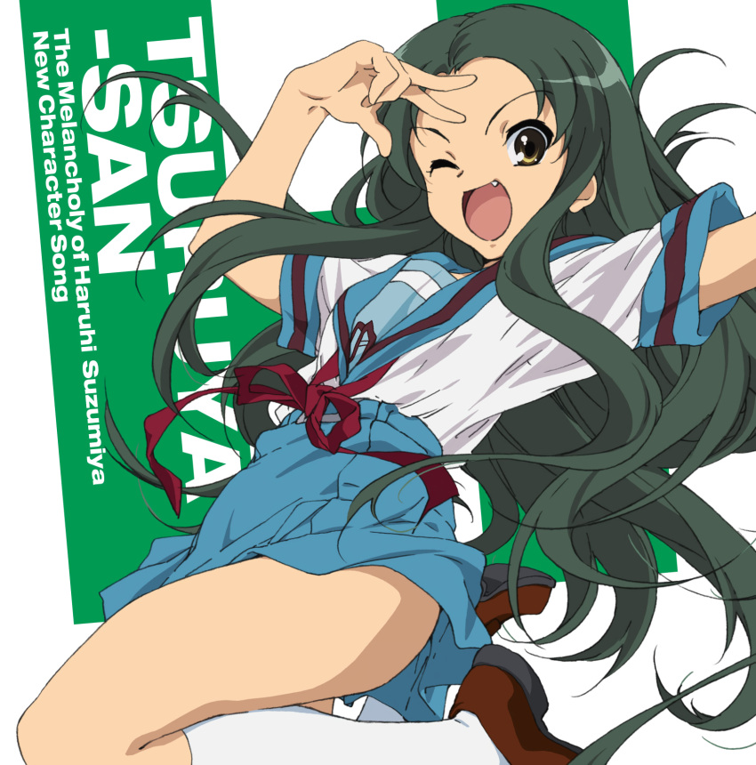 1girl album_cover blue_sailor_collar blue_skirt character_single cover fang green_hair h highres kita_high_school_uniform long_hair nishiya_futoshi official_art open_mouth sailor_collar school_uniform serafuku skirt solo summer_uniform suzumiya_haruhi_no_yuuutsu tsuruya white_background yellow_eyes