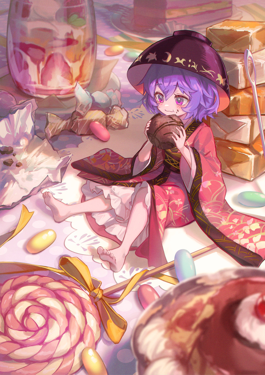 1girl :t bangs barefoot blush bowl bowl_hat cake cake_slice candy candy_wrapper chocolate closed_mouth commentary cup eating floral_print food food_on_face fork full_body hair_between_eyes hat highres holding holding_food japanese_clothes kimono knee_up kyusoukyu lollipop looking_ahead minigirl needle obi petticoat plate purple_hair sash sitting soles sukuna_shinmyoumaru toes touhou violet_eyes wide_sleeves