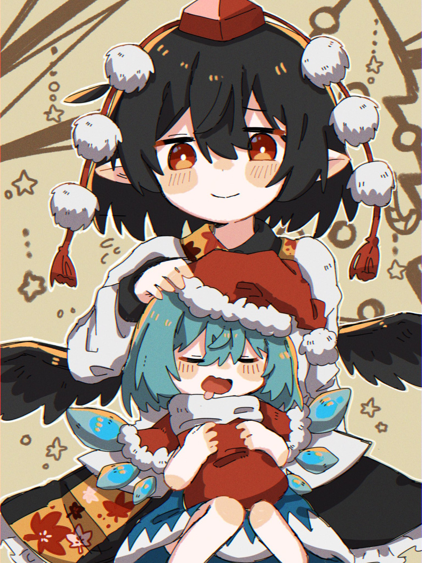 2girls bird_wings black_hair black_skirt black_wings blue_dress blue_hair blush capelet cirno closed_eyes closed_mouth detached_wings dress fairy feathered_wings frilled_skirt frills hair_between_eyes hat highres ice ice_wings long_sleeves multiple_girls one-hour_drawing_challenge open_mouth red_capelet red_eyes red_headwear santa_hat shameimaru_aya shirt short_hair skirt smile tokin_hat touhou udoku_oekaki white_shirt wings