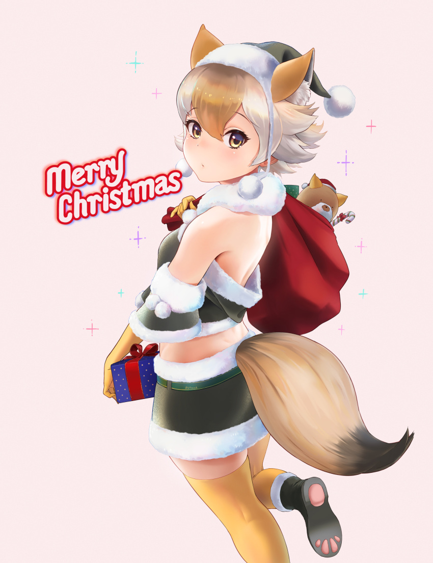 1girl absurdres animal_ear_fluff animal_ears beleven blonde_hair christmas christmas_present coyopotato coyote_(kemono_friends) dress elbow_gloves extra_ears gift gloves hat highres kemono_friends kemono_friends_v_project kneehighs looking_at_viewer santa_dress santa_hat shoes short_hair simple_background socks tail virtual_youtuber wolf_ears wolf_girl wolf_tail yellow_eyes