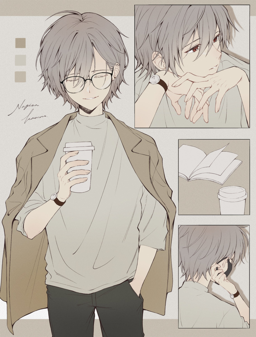 absurdres ahoge bangs book brown_outline coffee_cup commentary commentary_request cup disposable_cup eva_suzuri glasses hair_between_eyes hand_in_pocket head_on_hand highres jacket jacket_on_shoulders long_sleeves mask messy_hair mouth_mask nagisa_kaworu neon_genesis_evangelion open_book red_eyes shirt short_hair smile solo watch watch
