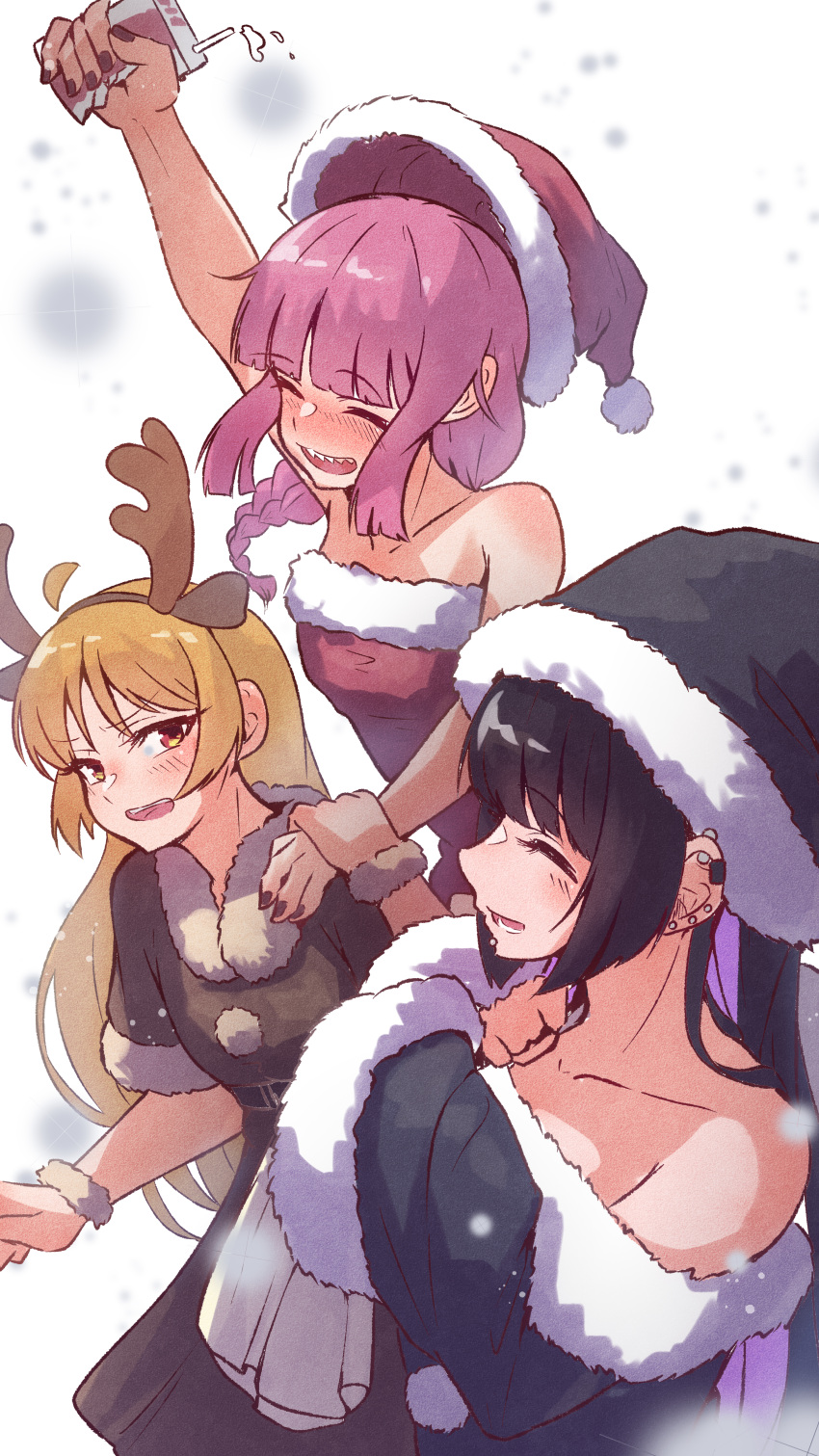 3girls absurdres alcohol antlers bare_shoulders black_hair blonde_hair blush bocchi_the_rock! braid christmas closed_eyes drunk ear_piercing fur_trim hat highres hiroi_kikuri ijichi_seika long_hair multiple_girls pa-san piercing redhead reindeer_antlers sake santa_costume santa_hat sharp_teeth teeth teru_(teru11061) white_background yellow_eyes