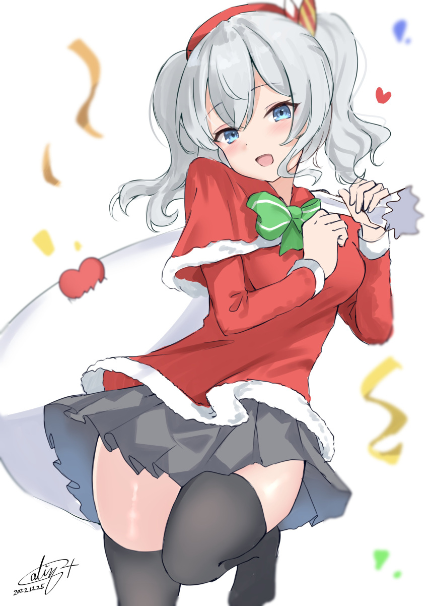 1girl absurdres black_thighhighs blue_eyes breasts calin capelet confetti fur-trimmed_capelet fur-trimmed_shirt fur_trim grey_hair grey_skirt heart highres kantai_collection kashima_(kancolle) looking_at_viewer medium_breasts one-hour_drawing_challenge pleated_skirt red_capelet red_shirt sack shirt sidelocks simple_background skirt smile solo thigh-highs twintails wavy_hair white_background
