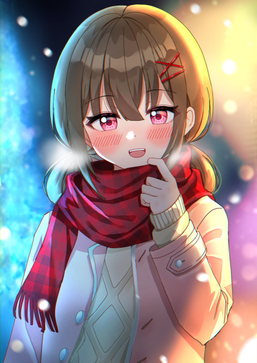 1girl :d bangs blurry blurry_background blush breath brown_hair brown_sweater depth_of_field fringe_trim hair_between_eyes hand_up highres jacket kubong long_sleeves looking_at_viewer low_twintails open_clothes open_jacket original pink_eyes pink_jacket plaid plaid_scarf red_scarf scarf sleeves_past_wrists smile solo sweater twintails