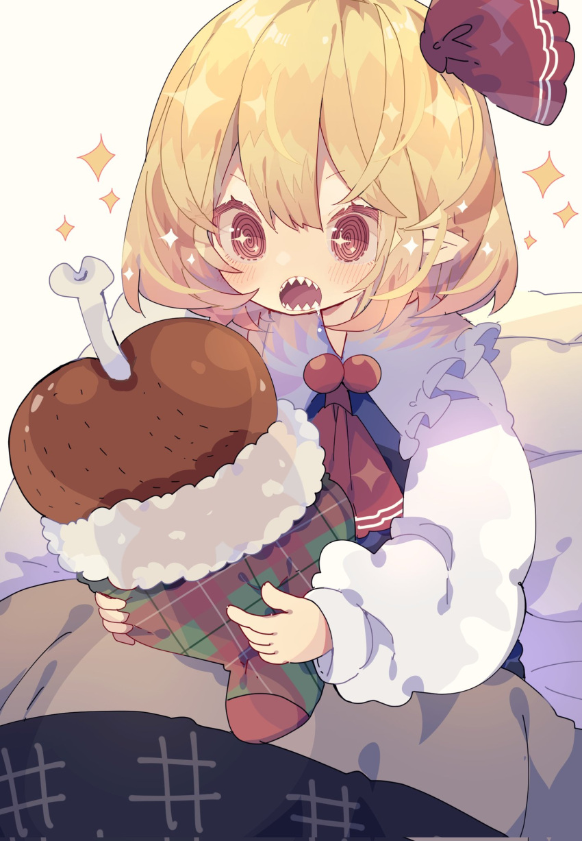 1girl @_@ ascot black_vest blanket blonde_hair blush boned_meat christmas_stocking collared_shirt commentary food frilled_sleeves frills hair_between_eyes hair_ribbon highres long_sleeves looking_at_food meat medium_hair nikorashi-ka open_mouth pointy_ears red_ascot red_eyes red_ribbon ribbon rumia sharp_teeth shirt sparkle sparkling_eyes teeth touhou vest