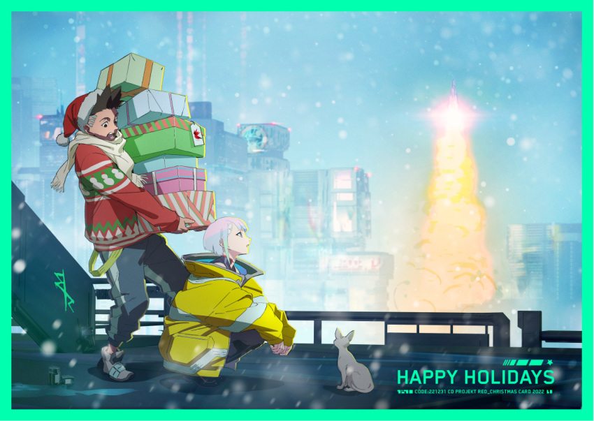 1boy 1girl box brown_hair cat christmas christmas_sweater cityscape cyberpunk_(series) cyberpunk_edgerunners dark-skinned_male dark_skin david_martinez day english_commentary english_text fog gift gift_box happy_holidays hat holding holding_gift kneeling lucy_(cyberpunk) official_art rocket_ship samurai_jacket_(cyberpunk) santa_hat shoes sneakers snow snowing spacecraft trigger_(company) white_hair