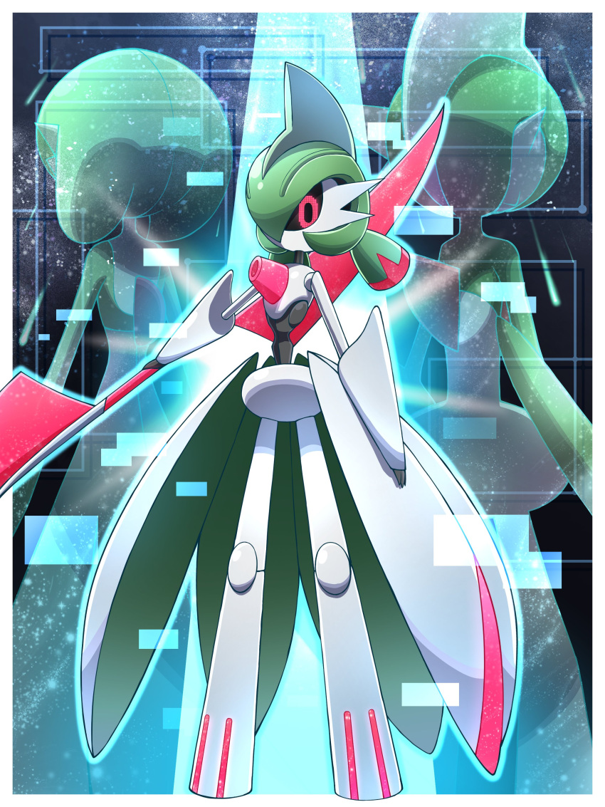 absurdres black_sclera blade border colored_sclera commentary_request full_body gallade gardevoir glowing highres holding iron_valiant looking_at_viewer pink_eyes pokemon pokemon_(creature) shabana_may spikes white_border