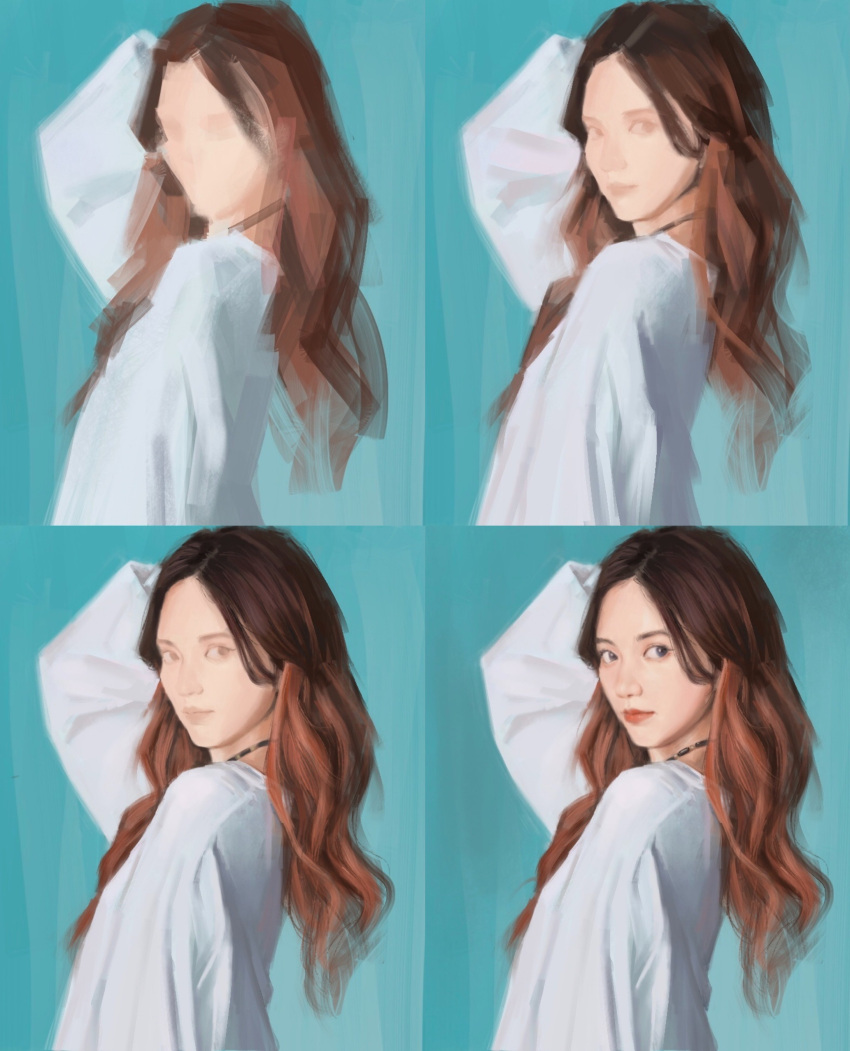 1girl absurdres arm_behind_head black_choker blue_background blue_eyes blue_shirt brown_hair chic_chili choker expressionless from_side highres long_hair looking_back looking_to_the_side making-of real_life realistic red_lips shirt su_ruiqi wo_zhi_daozi_qi_yi_qu_shang_yin_gu