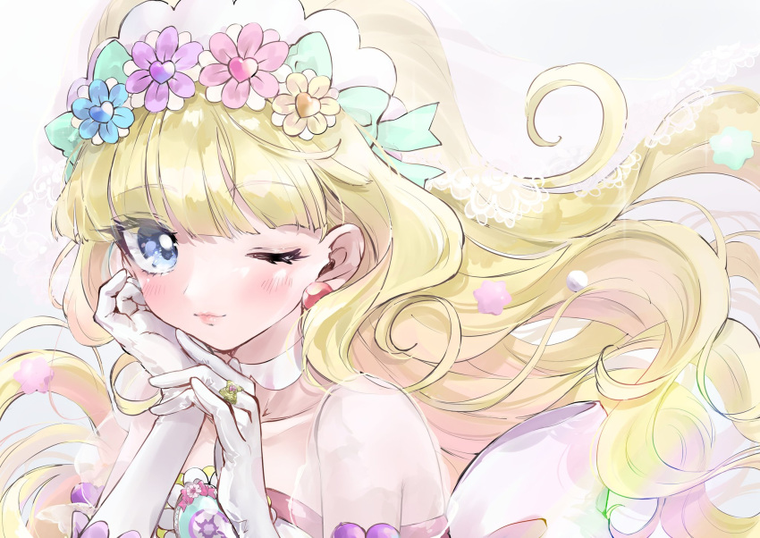 1girl bangs blonde_hair blue_eyes blunt_bangs blush bridal_veil choker cure_finale cure_finale_(party_up_style) delicious_party_precure duko earrings gloves high_ponytail highres jewelry long_hair magical_girl one_eye_closed precure ring smile solo veil white_choker white_gloves wide_ponytail