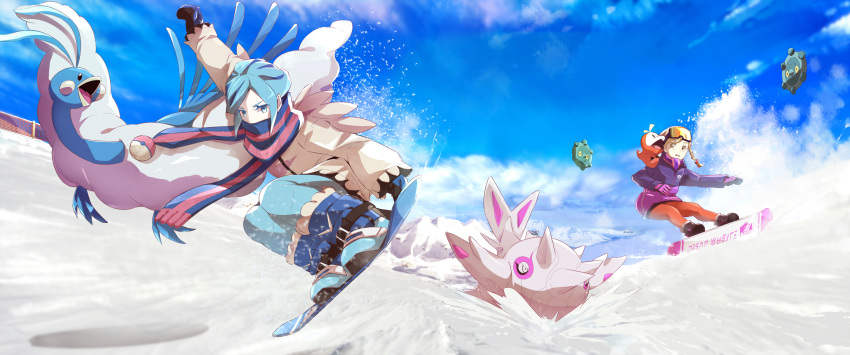 1boy 1girl absurdres akitsugu_akiyama altaria blonde_hair blue_footwear blue_mittens boots bronzor cetitan commentary_request day fuecoco green_pants grusha_(pokemon) highres jacket juliana_(pokemon) long_sleeves mittens on_shoulder open_mouth orange_pants outdoors pants poke_ball_print pokemon pokemon_(creature) pokemon_(game) pokemon_on_shoulder pokemon_sv scarf scarf_over_mouth sky snow snowboard snowboarding squatting striped striped_scarf yellow_eyes yellow_jacket