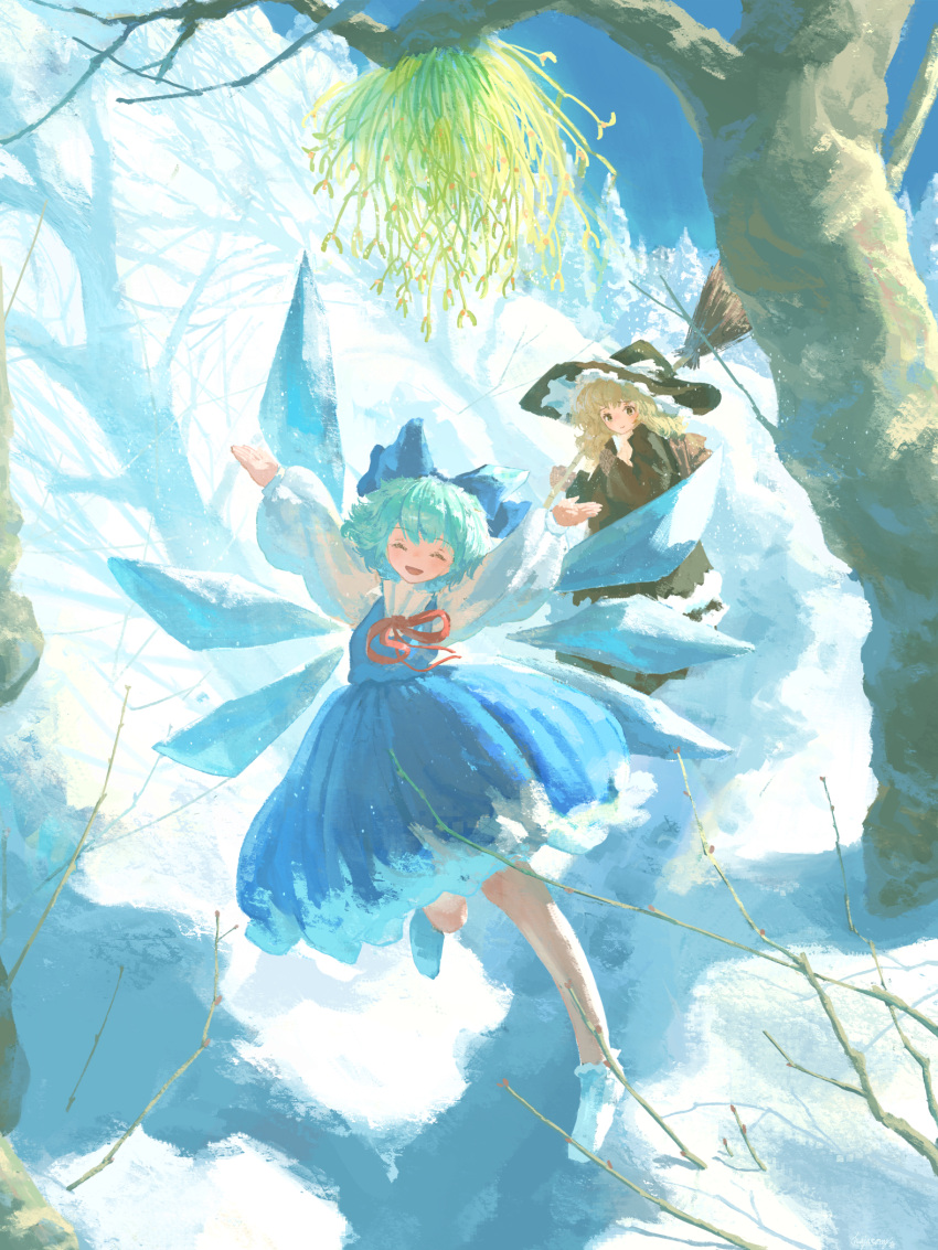 2girls black_dress black_headwear blonde_hair blue_bow blue_dress blue_hair bow broom cirno closed_eyes closed_mouth day detached_wings dress fairy hair_bow hat hat_bow highres holding holding_broom ice ice_wings kajatony kirisame_marisa long_hair long_sleeves multiple_girls open_mouth shirt short_hair smile snow touhou tree white_bow white_shirt wings witch_hat yellow_eyes