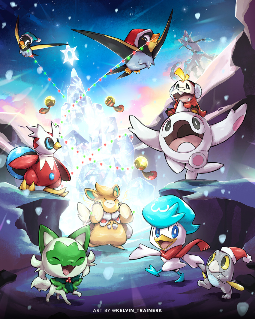 bird cetoddle chien-pao christmas_lights clothed_pokemon commentary frigibax fuecoco hat highres iron_bundle kelvin-trainerk mouth_hold outdoors pawmo pokemon quaxly red_headwear riding riding_pokemon santa_hat sprigatito tadbulb twitter_username watermark wattrel