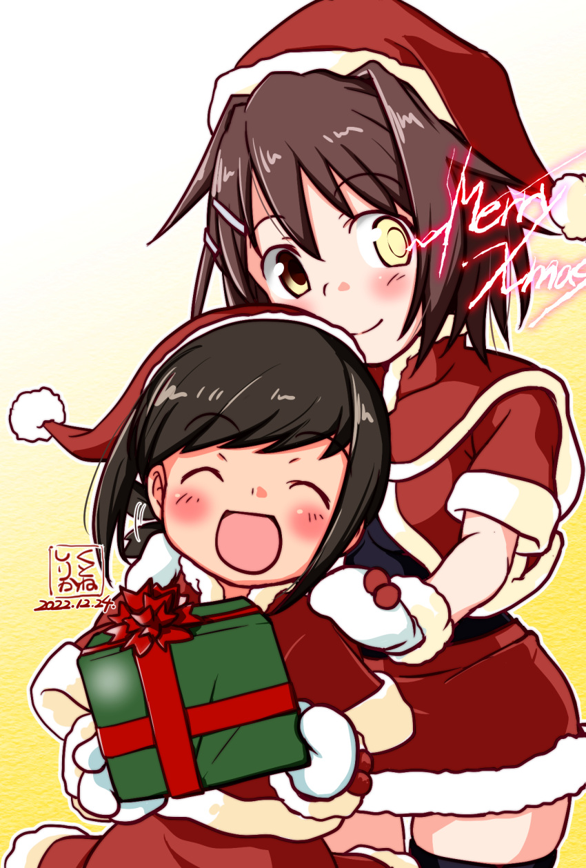 2girls alternate_costume artist_logo black_hair black_thighhighs box brown_hair commentary_request dated dress facing_viewer fubuki_(kancolle) fur-trimmed_headwear fur_trim furutaka_(kancolle) gift gift_box glowing glowing_eye gradient gradient_background hair_ornament hairclip hat heterochromia highres kantai_collection kutone_shirika looking_at_viewer low_ponytail medium_hair merry_christmas miniskirt multiple_girls ponytail red_dress red_headwear red_skirt santa_dress santa_hat short_hair short_ponytail sidelocks skirt smile thigh-highs white_mittens yellow_background yellow_eyes