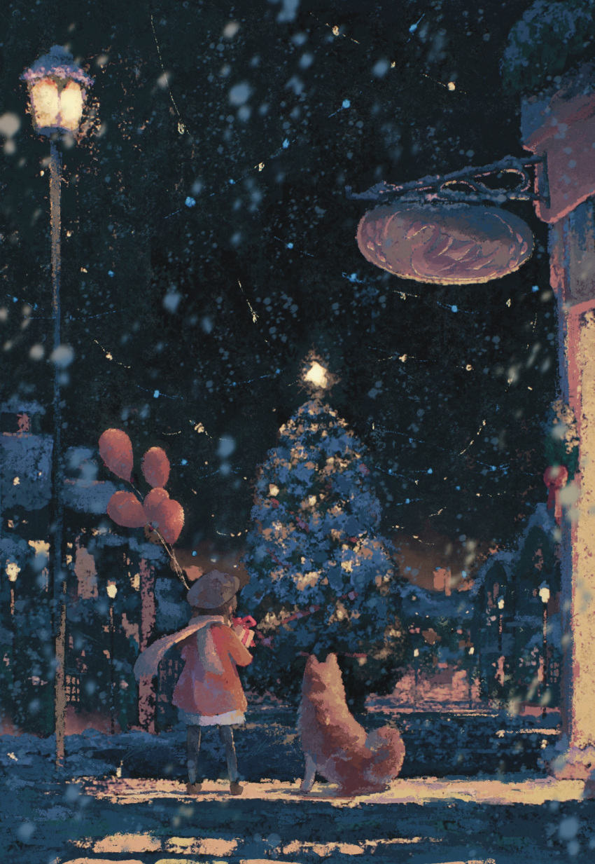 1girl absurdres animal balloon building christmas christmas_tree coat dog gift highres holding holding_balloon holding_gift lamppost night original outdoors red_coat saisho_(qpoujr) scarf scenery skirt snowing solo