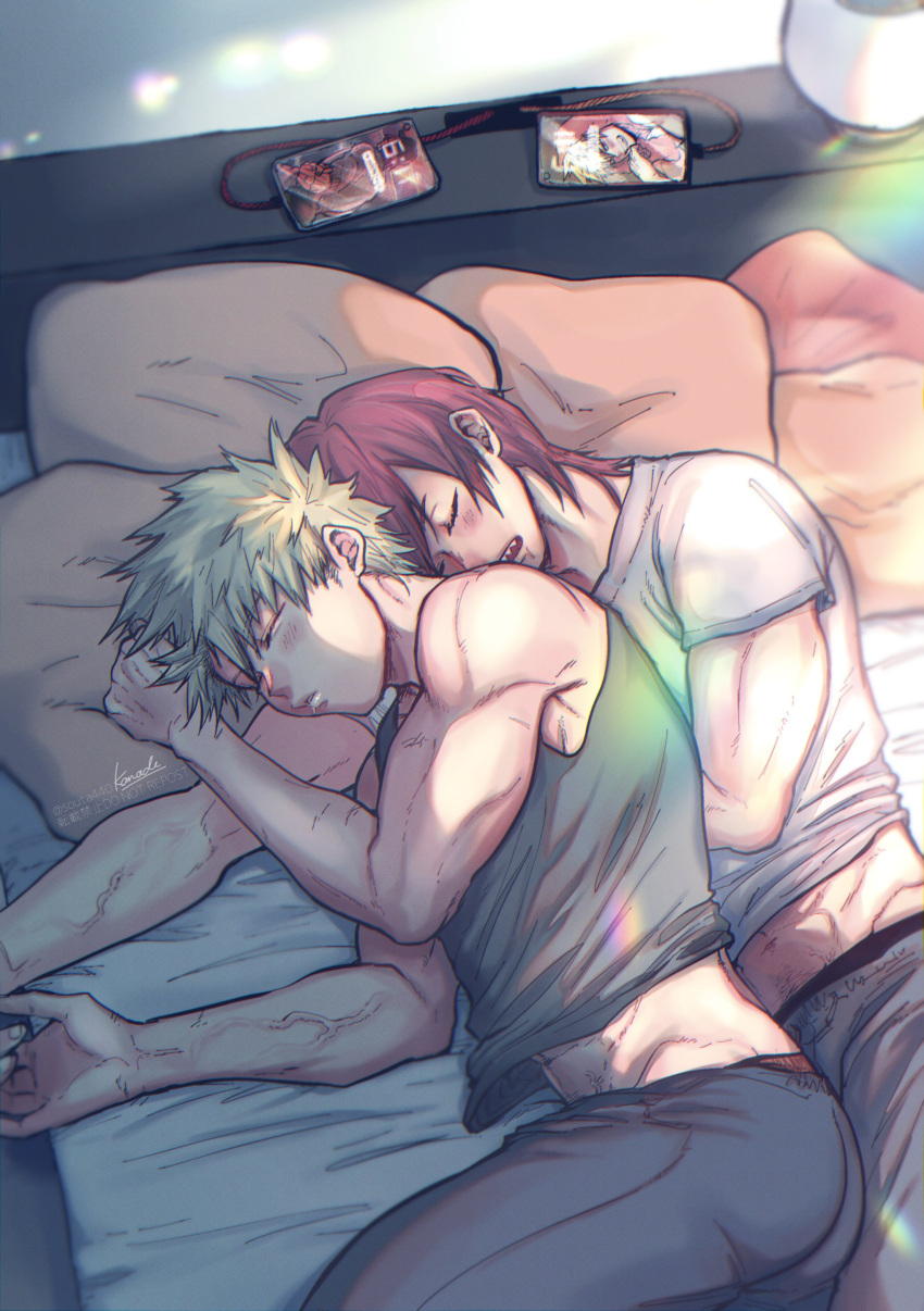 2boys absurdres bakugou_katsuki bed black_pants blonde_hair blush boku_no_hero_academia closed_eyes closed_mouth green_tank_top grey_pants highres kirishima_eijirou lying male_focus multiple_boys muscular muscular_male on_bed on_side pants phone pillow redhead shirt short_hair sleeping souta_(souta440) spiky_hair tank_top white_shirt