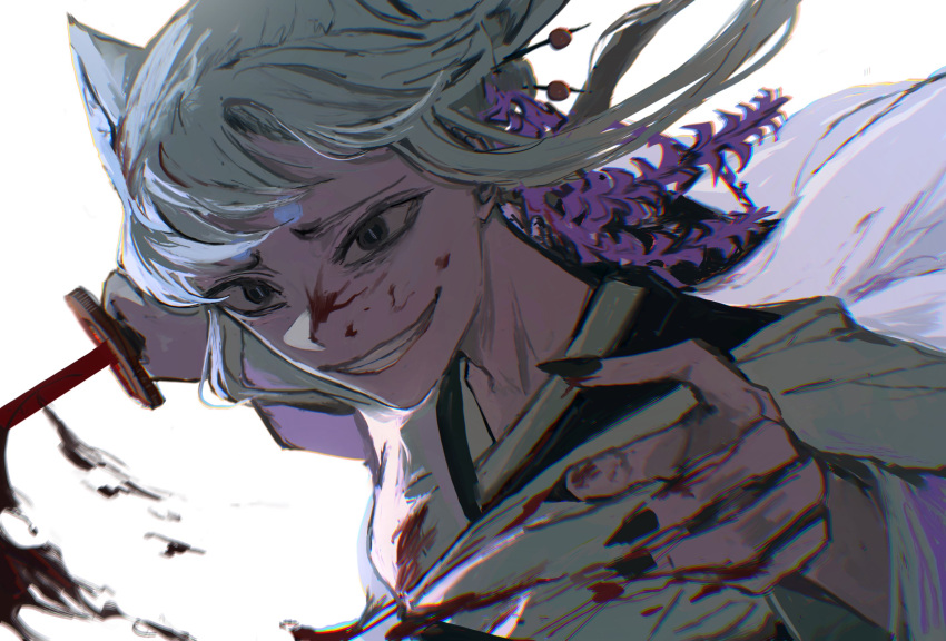 1girl animal_ears black_clover black_eyes black_nails crazy_smile fingernails fox_ears fox_girl hair_ornament highres holding holding_weapon japanese_clothes kanzashi katana kezokaku_ginnojomorifuyu kimono nail_polish open_mouth poonwip sharp_fingernails slit_pupils solo sword weapon white_background white_hair white_kimono