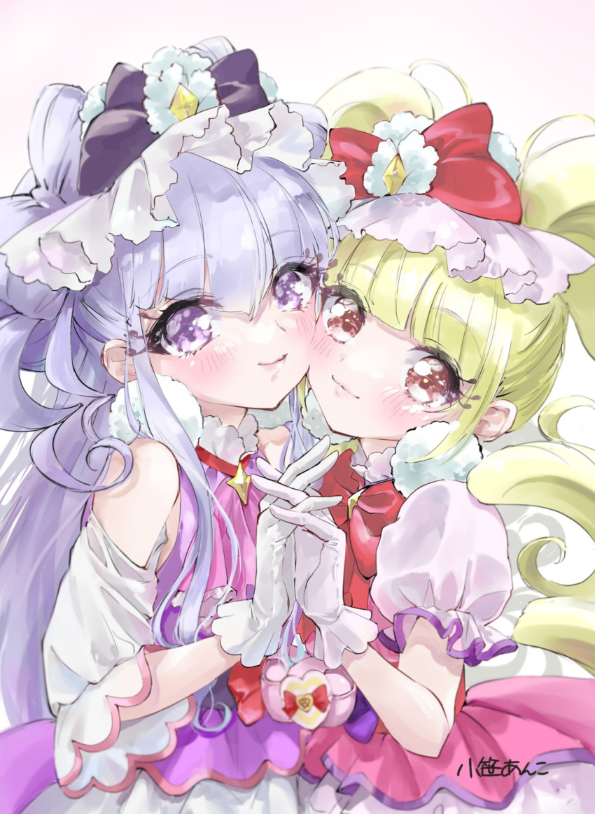 2girls aisaki_emiru bangs blonde_hair blunt_bangs blush bow brown_eyes commentary_request cure_amour cure_macherie drill_hair duko gloves hair_bow heart_pouch highres holding_hands hugtto!_precure long_hair magical_girl multiple_girls precure puffy_short_sleeves puffy_sleeves purple_hair ruru_amour short_sleeves smile twin_drills violet_eyes white_background white_gloves