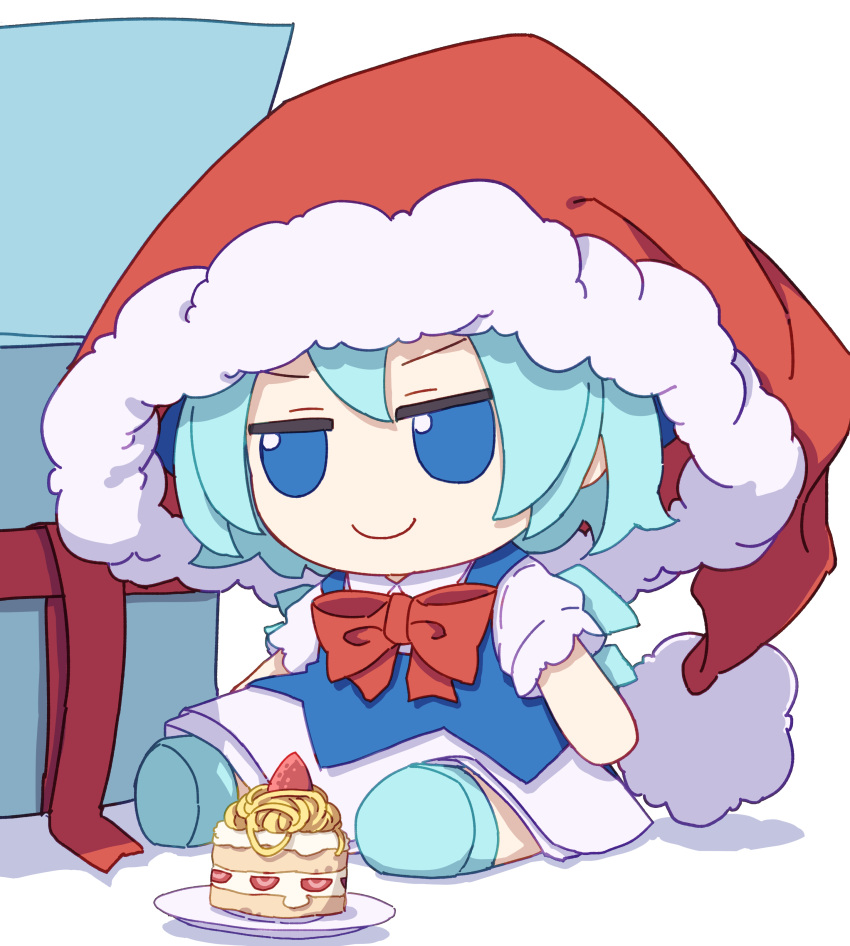 1girl absurdres blue_dress blue_eyes blue_hair box cake cake_slice cirno closed_mouth collared_shirt dress fairy food fruit fumo_(doll) gift gift_box hair_between_eyes hat highres ice ice_wings kame_(kamepan44231) pasta plate pom_pom_(clothes) red_headwear santa_hat shirt short_hair short_sleeves simple_background smile solo strawberry touhou white_background white_shirt wings