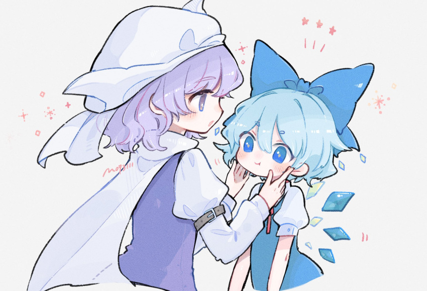2girls :t arm_belt artist_name bangs blue_bow blue_eyes blue_hair blue_vest blush bow cirno closed_mouth commentary_request cropped_torso hair_between_eyes hair_bow hands_on_another's_cheeks hands_on_another's_face hat highres ice ice_wings juliet_sleeves letty_whiterock long_sleeves looking_at_another m_(m073111) medium_hair mob_cap multiple_girls open_mouth puffy_short_sleeves puffy_sleeves purple_hair purple_vest scarf short_sleeves sparkle star_(symbol) touhou vest violet_eyes wavy_hair white_headwear white_scarf wings
