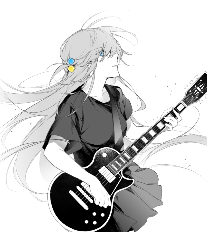 1girl bangs blue_eyes bocchi_the_rock! cube_hair_ornament electric_guitar fant585405 gibson_les_paul gotou_hitori guitar hair_ornament highres holding holding_instrument instrument long_hair looking_ahead monochrome music one_side_up open_mouth playing_instrument pleated_skirt profile shirt short_sleeves simple_background skirt solo spot_color white_background