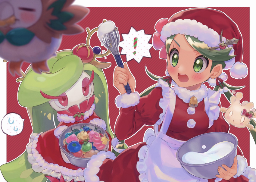 ! 1girl abe_(kumayu) apron blush bowl breasts commentary_request dress flying_sweatdrops green_eyes green_hair hat highres holding holding_whisk icing long_hair long_sleeves mallow_(pokemon) milcery open_mouth pokemon pokemon_(creature) pokemon_(game) pokemon_sm red_dress red_headwear rowlet santa_hat spoken_flying_sweatdrops teeth tsareena twintails waist_apron whisk white_apron