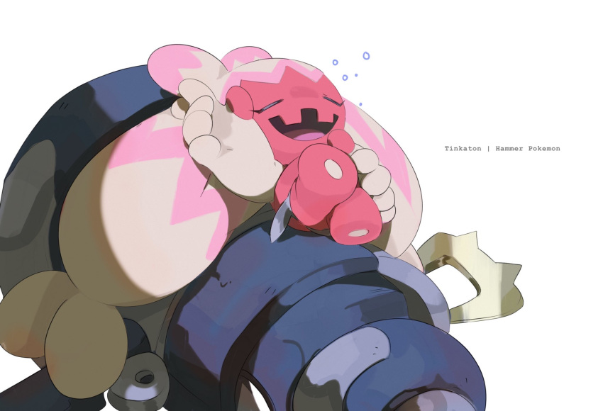 1girl bangs character_name colored_skin hammer hand_on_hip highres huge_weapon kel-del long_hair lying monster_girl no_humans open_mouth pink_hair pink_skin pokemon pokemon_(creature) pokemon_(game) pokemon_sv sleeping tinkaton twintails weapon