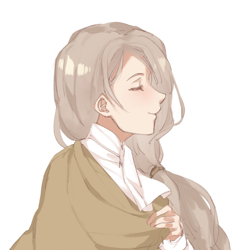 1girl ascot brown_capelet capelet closed_eyes closed_mouth fire_emblem fire_emblem:_three_houses from_side garreg_mach_monastery_uniform grey_hair highres long_hair mercedes_von_martritz simple_background smile solo virno white_ascot white_background