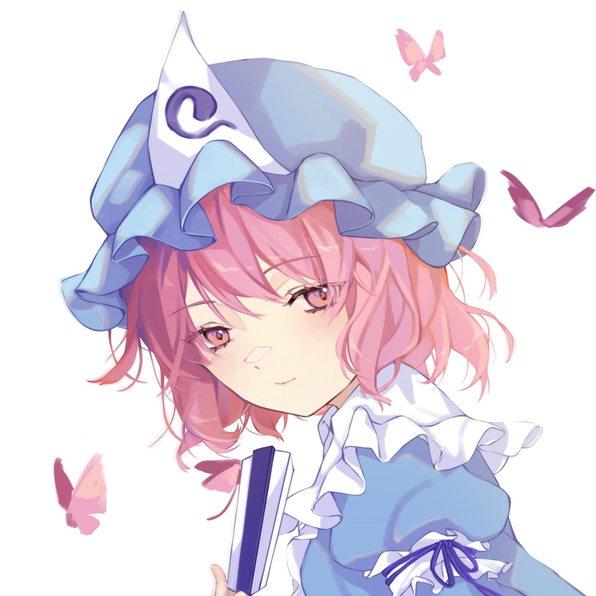 1girl bangs blue_headwear bug butterfly closed_mouth eyes_visible_through_hair folded_fan folding_fan hand_fan hat highres holding holding_fan mob_cap pink_eyes pink_hair pink_pupils purple_ribbon ribbon saigyouji_yuyuko short_hair sleeve_ribbon smile solo touhou triangular_headpiece virno