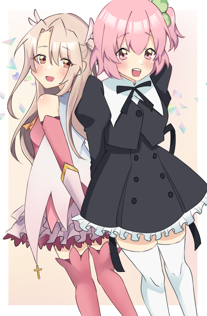 2girls :d absurdres arms_behind_back assault_lily back-to-back bangs bare_shoulders black_ribbon black_skirt blonde_hair blush border cape clover_hair_ornament commentary_request confetti cropped_jacket crossover detached_sleeves dress fate/kaleid_liner_prisma_illya fate_(series) feather_hair_ornament feathers feet_out_of_frame four-leaf_clover_hair_ornament frilled_dress frilled_skirt frills gloves gradient gradient_background hair_between_eyes hair_ornament high-waist_skirt highres hitotsuyanagi_riri illyasviel_von_einzbern imu_(2011imuru) juliet_sleeves layered_dress long_hair long_sleeves looking_at_viewer looking_back miniskirt multiple_girls neck_ribbon one_side_up open_mouth orange_background orange_eyes outside_border pink_dress pink_eyes pink_hair pink_thighhighs prisma_illya puffy_sleeves ribbon school_uniform short_hair skirt sleeveless sleeveless_dress smile standing teeth thigh-highs two_side_up upper_teeth_only white_border white_cape white_gloves white_thighhighs yurigaoka_girls_academy_school_uniform zettai_ryouiki