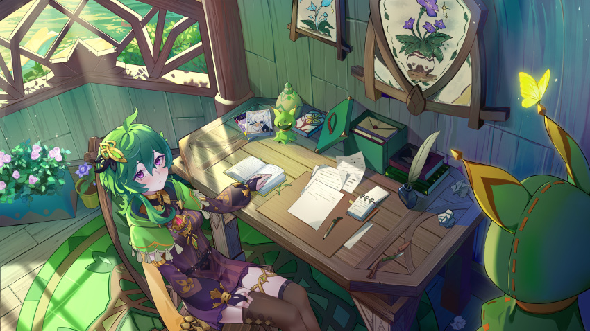 1girl absurdres book brown_dress brown_thighhighs bug butterfly capelet closed_mouth collei_(genshin_impact) desk dress flower genshin_impact green_capelet green_hair highres indoors jingzizaz long_sleeves looking_at_viewer medium_hair papers pencil plant potted_plant puffy_long_sleeves puffy_sleeves quill short_dress solo thigh-highs violet_eyes window zettai_ryouiki