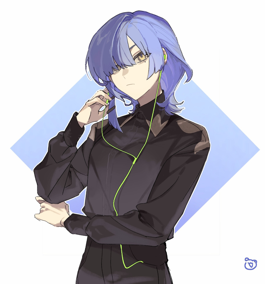 1girl bangs black_shirt blue_hair bocchi_the_rock! closed_mouth collared_shirt earphones hair_ornament hair_over_one_eye highres holding holding_earphones jacket long_sleeves looking_at_viewer mole mole_under_eye shirt short_hair simple_background single_earphone_removed solo ukusaaaa upper_body white_background yamada_ryou yellow_eyes