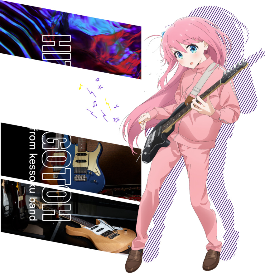 1girl ahoge bocchi_the_rock! commentary_request cube_hair_ornament electric_guitar gotou_hitori guitar hair_ornament holding holding_instrument instrument jacket looking_at_viewer official_art open_clothes open_jacket pink_jacket solo toubun14 transparent_background yamaha yamaha_pacifica