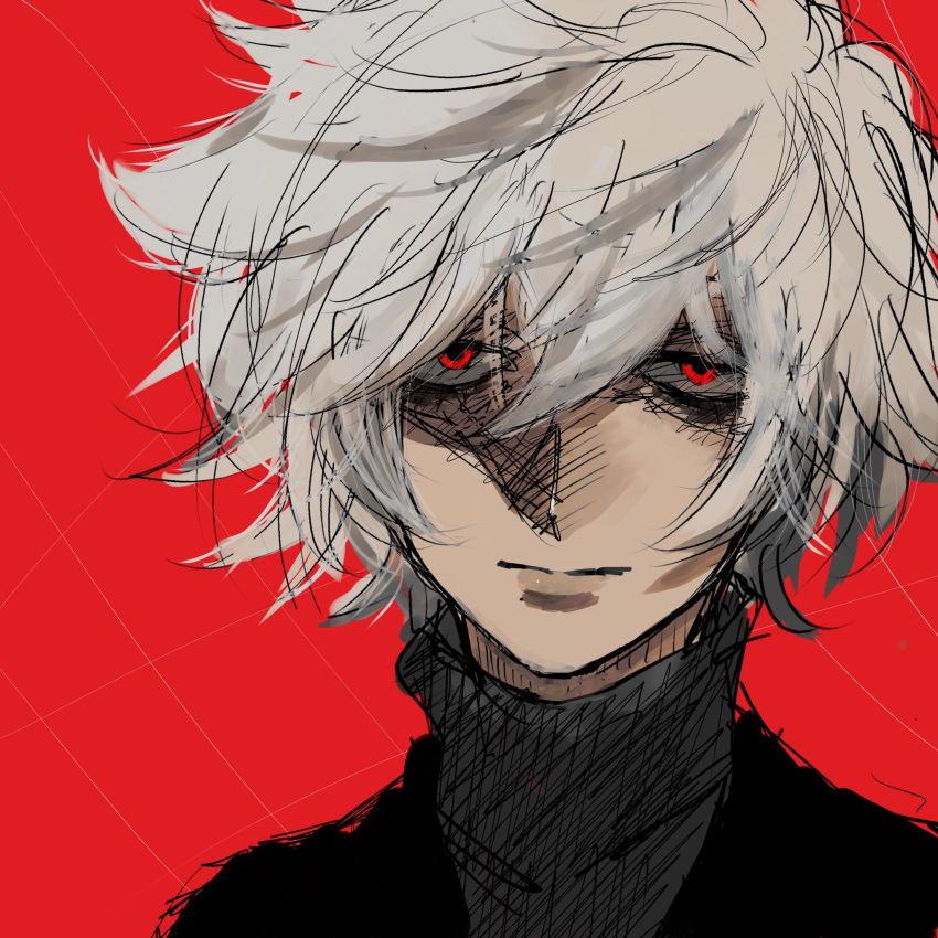 1boy bangs black_robe bonjindaaa gabimaru grey_hair highres jigokuraku looking_at_viewer red_background red_eyes robe shaded_face short_hair simple_background sketch solo spiky_hair