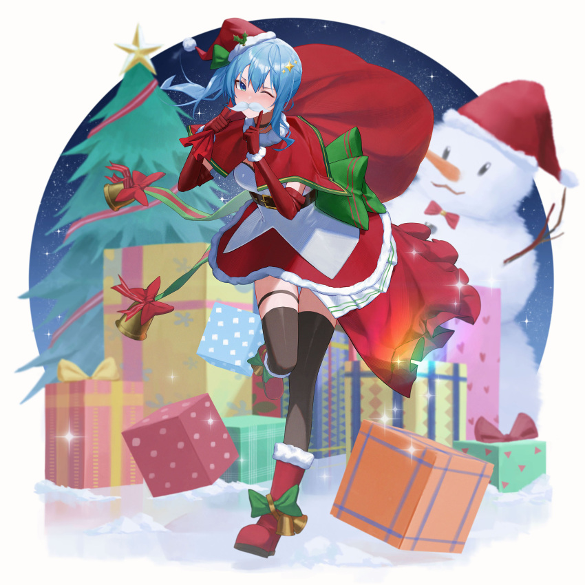 1girl absurdres bell belt black_belt black_choker black_thighhighs blue_eyes blue_hair boots bow box capelet choker christmas christmas_tree dress facial_hair fake_facial_hair fake_mustache full_body fur_trim gift gift_box gloves hair_ornament hat highres holding holding_sack hololive hoshimachi_suisei index_finger_raised mustache one_eye_closed pom_pom_(clothes) raeis sack santa_boots santa_costume santa_dress santa_gloves santa_hat snowman solo standing standing_on_one_leg thigh-highs virtual_youtuber zettai_ryouiki