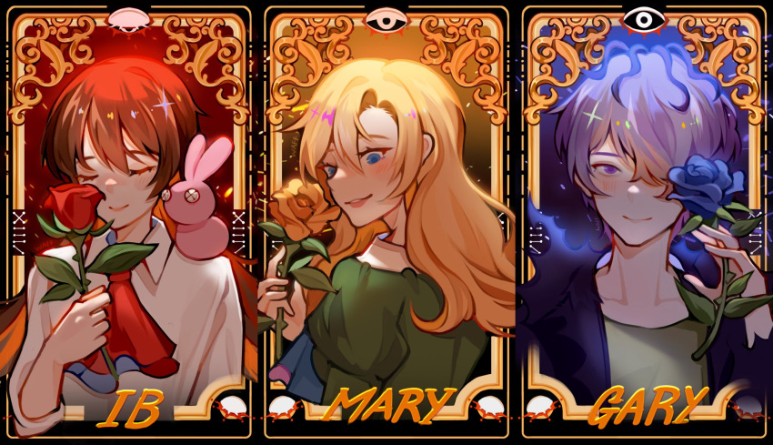 0waff537 1boy 2girls ascot blonde_hair blue_eyes blue_flower blue_rose brown_hair character_name closed_eyes closed_mouth collarbone english_commentary flower garry_(ib) hair_over_one_eye highres holding holding_flower ib ib_(ib) long_hair looking_at_viewer mary_(ib) multiple_girls parted_lips red_ascot red_flower red_rose rose short_hair smile stuffed_animal stuffed_bunny stuffed_toy upper_body yellow_flower yellow_rose