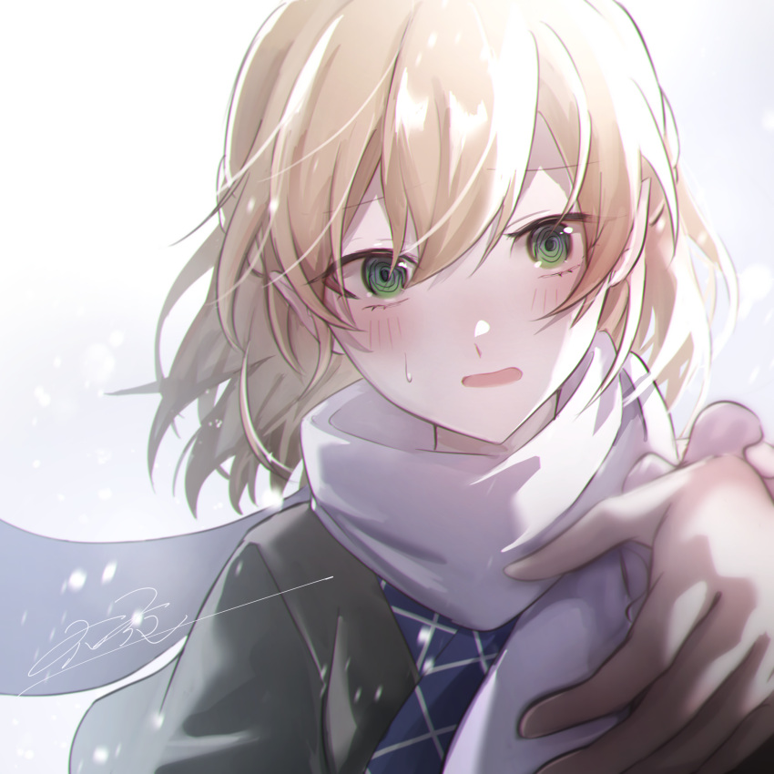 1girl @_@ blonde_hair blush green_eyes grey_jacket highres jacket looking_at_viewer mizuhashi_parsee open_mouth pointy_ears rokuya_(68_zusao) scarf short_hair short_sleeves signature solo touhou upper_body white_background white_scarf