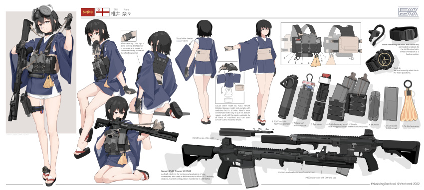 1girl absurdres acog ar-15 assault_rifle bulletproof_vest earpiece english_text flashbang gloves gun highres holding holding_gun holding_weapon japanese_clothes magazine_(weapon) nusisring_tactical revision rifle shii_nana solo swiss_army_knife tactical_clothes vectorek watch watch weapon