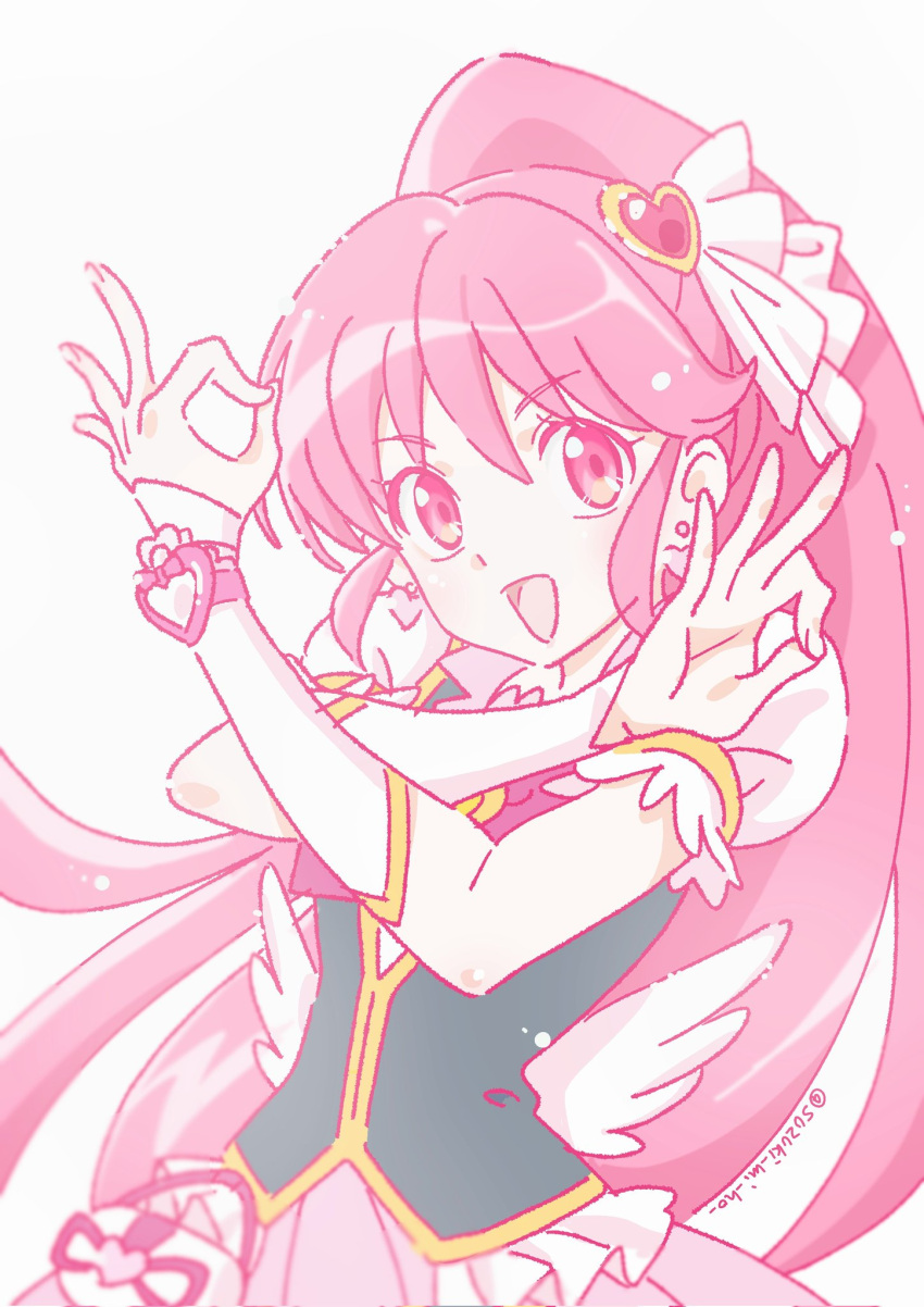 1girl aino_megumi bangs brooch cure_lovely earrings hair_ornament happinesscharge_precure! heart heart_brooch heart_earrings heart_hair_ornament highres jewelry long_hair low_wings magical_girl pink_hair pink_skirt ponytail precure puffy_short_sleeves puffy_sleeves short_sleeves skirt smile solo sugimoto_miho watch watch wide_ponytail wings