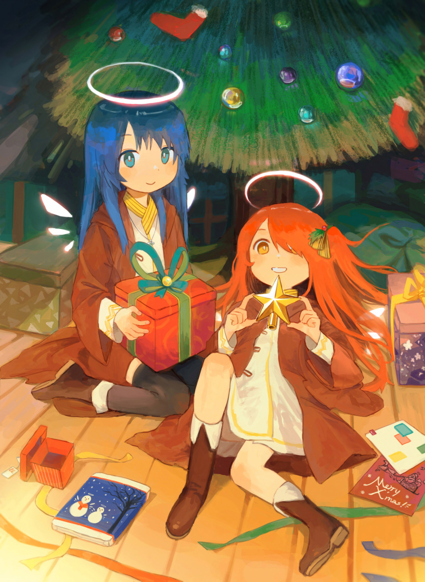 2girls absurdres arknights black_thighhighs blue_eyes blue_hair brown_coat christmas christmas_tree coat detached_wings energy_wings exusiai_(arknights) gift hair_over_one_eye halo highres long_hair mostima_(arknights) multiple_girls red_eyes redhead thigh-highs wings xiaoningbingo